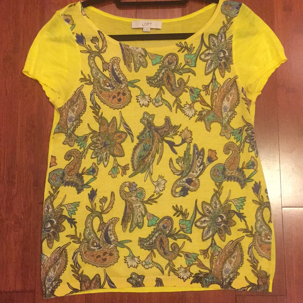 Loft yellow paisley sheer sweater size M GUC